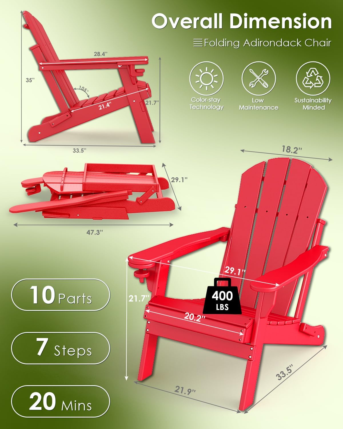 GREENVINES Folding-Adirondack-Chairs-Set-of-2 | HDPE Plastic | Fire Pit Chair | All Weather | Cup Holder | Red | for Deck Backyard Patio Outdoor Garden