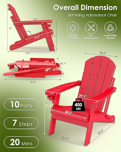 Miniatura 3 de GREENVINES Juego de 2 sillas plegables Adirondack  Plástico HDPE  Silla para hoguera  Todo clima  Portavasos  Rojo  para terraza, patio trasero,