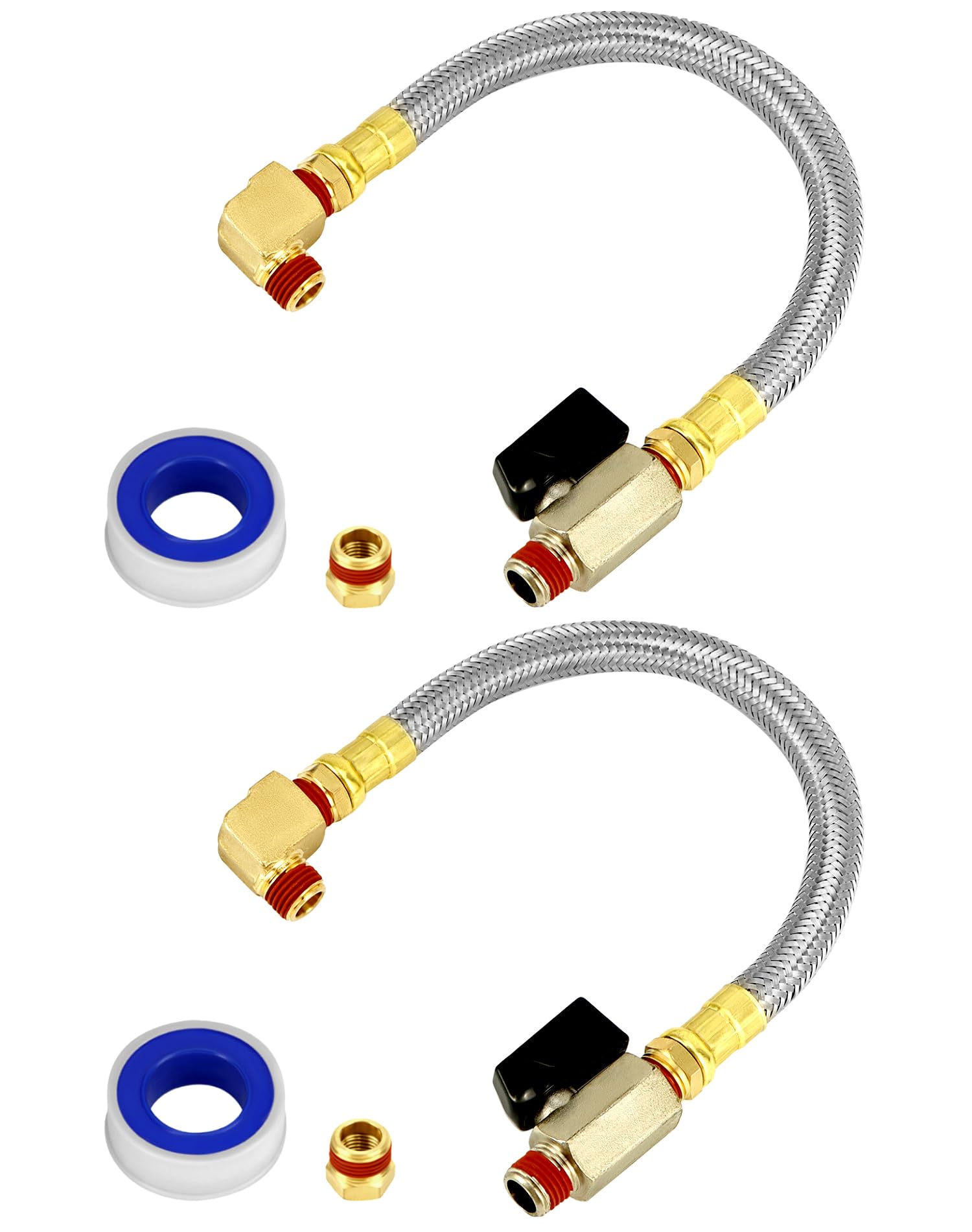 QWORK 2 Pack Extended Tank Drain Valve Assembly Kit for Air Compressor, Including 10 Inches Air Compressor Tank Drain Hose 1/4 inch NPT, 1/4" to 3/8" Brass Adapter and Thread Seal Tape