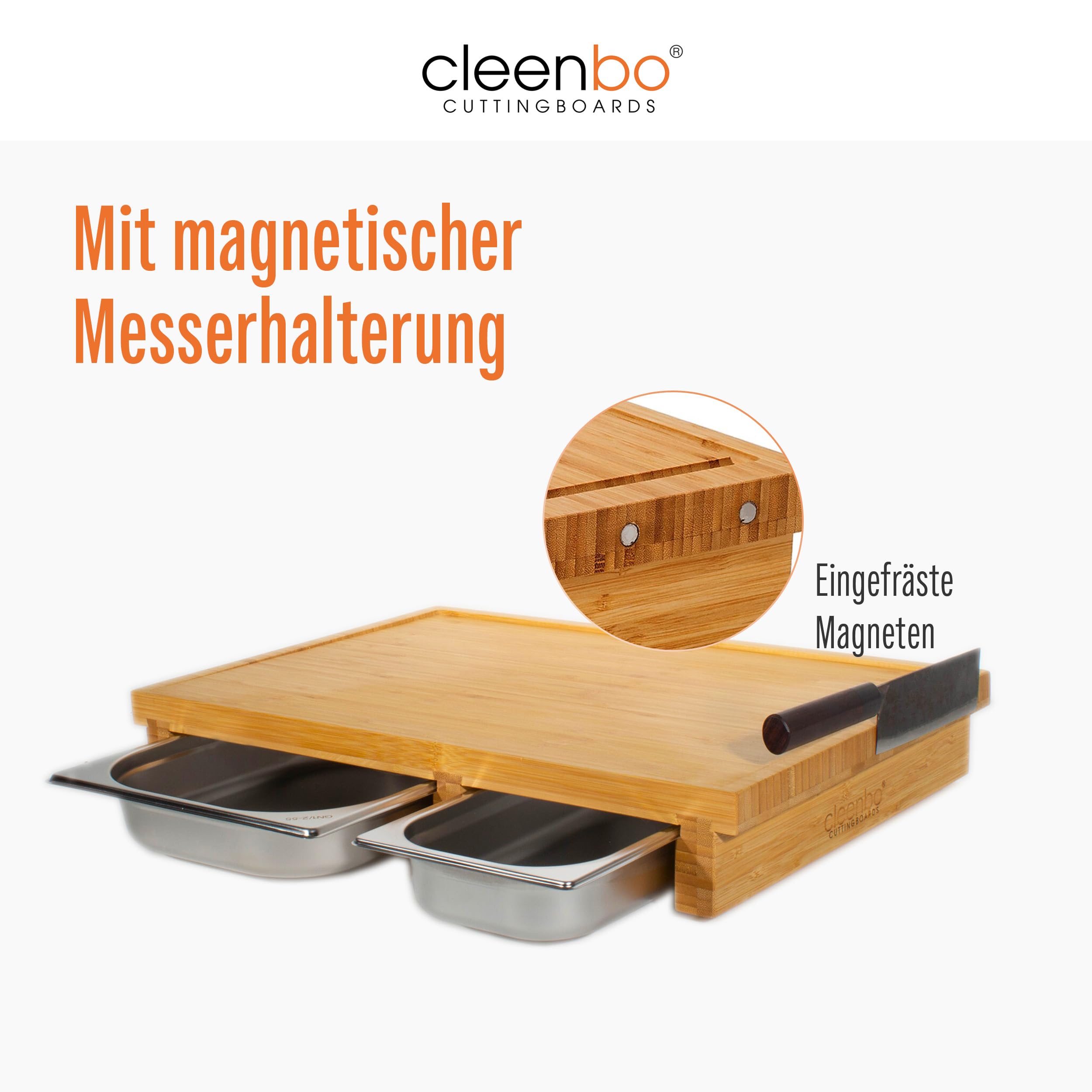 Schneidebrett "duo classic bamboo BBQ" mit zwei Auffangbehälter, Profi Holz Küchenbrett - Schneidbrett XXL extra groß aus Bambus mit 2 Edelstahl Auffangschalen & Saftrille - 55 x 38 x 8,7cm