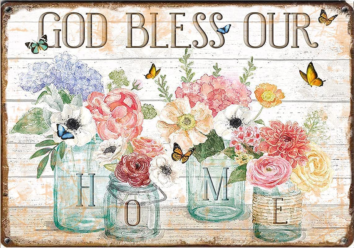 Metal Tin Sign God Bless Our Home Funny Gift for Him Or Her Home Novelty Retro Parlor Cafe Store Mural Metal Tin Signs Wall Decor 8x12 Inch