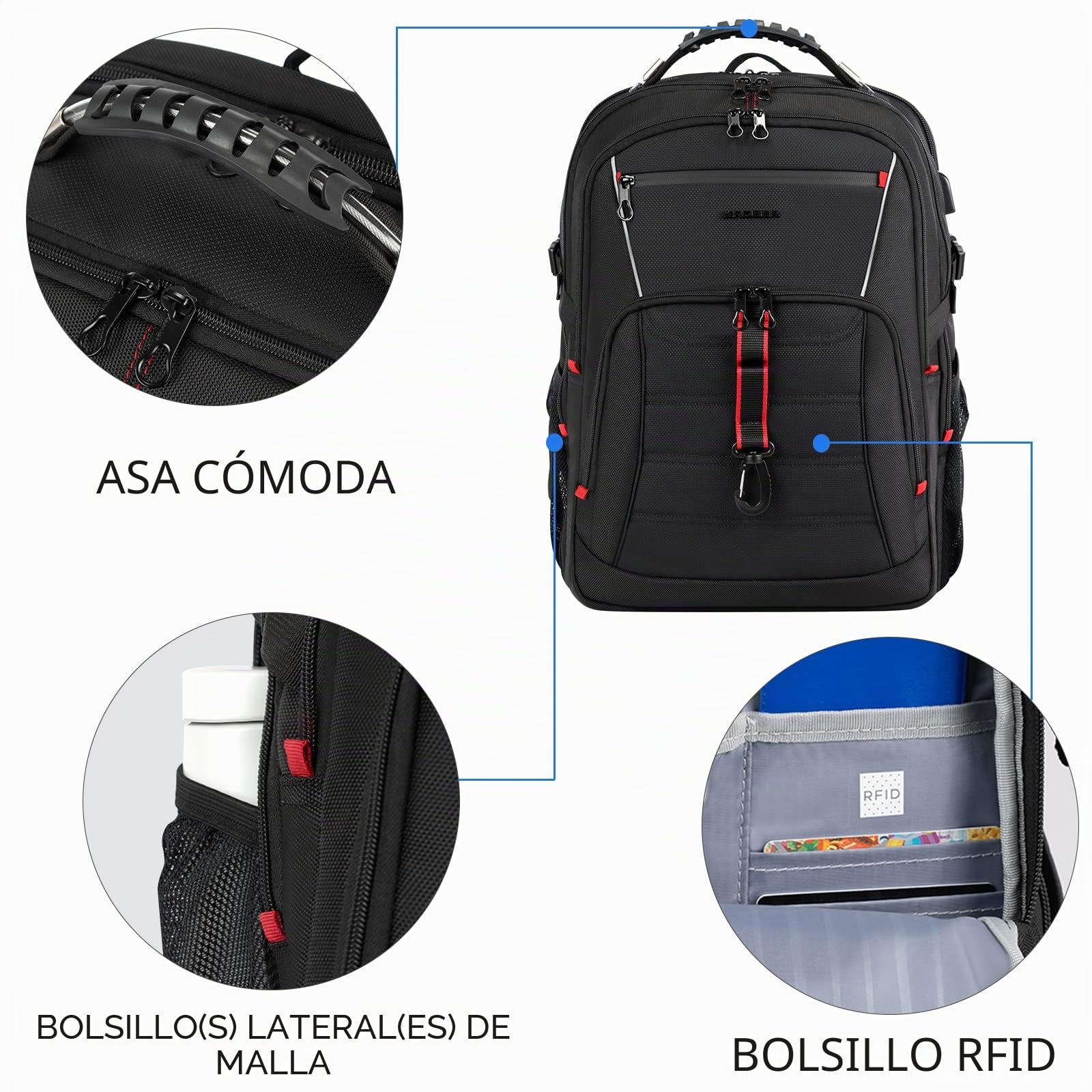 KROSER Mochila grande Hombre, 17,3-18,4" XXXL, Mochila para ordenador portátil, con bolsillos RFID Puerto y Impermeable Portátil para/Viaje/Universidad/Negocios/Colegio/Hombres/Mujeres Mochila