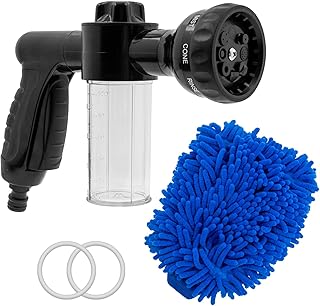 Foam Sprayer Garden Hose, Spray Nozzle Car Wash Foam Gun with 8 Way Spray Pattern, Soap Sprayer Gun with Microfiber Mitt, Household Low Pressure Water Nozzle for Lawn Watering Pets Showering