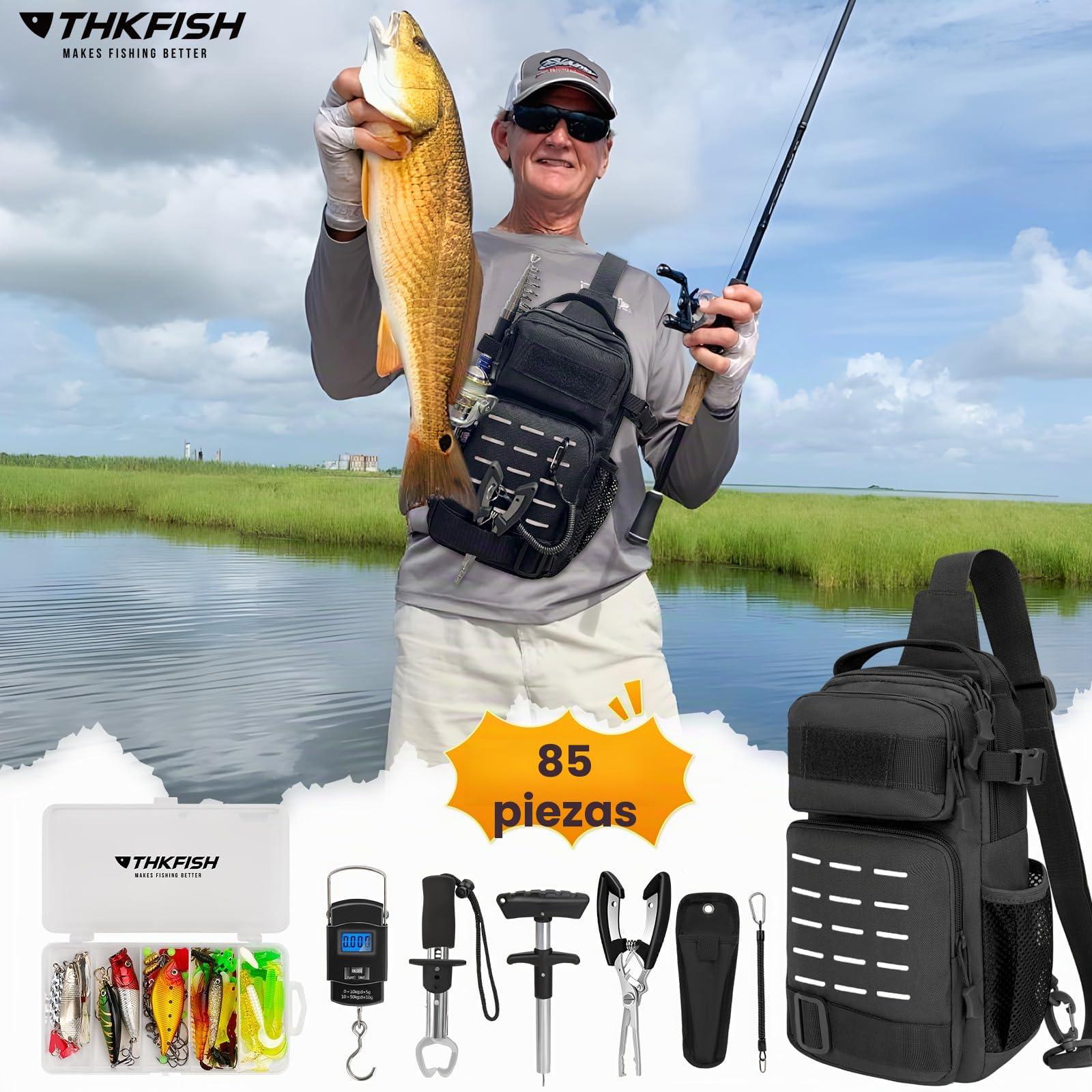 THKFISH Kit de herramientas de pesca de 85 piezas, mochila de pesca con cajas de aparejos incluidas, kit de aparejos de pesca que incluye kit de equipo de señuelo de cebo de pesca, alicates de pesca