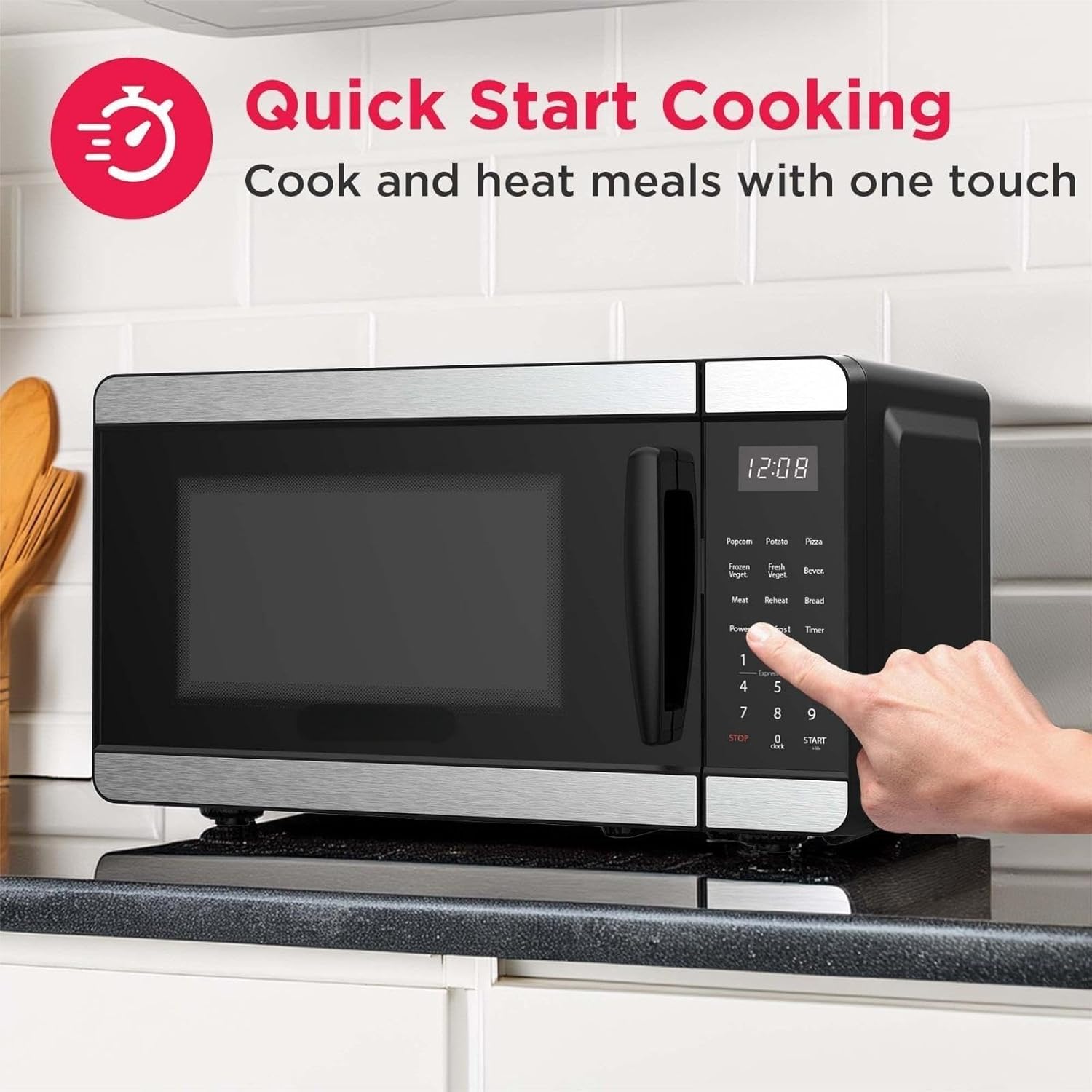 Countertop Microwave - Digital Control Panel - 6 Auto Cooking Settings - 10 Power Levels - Child Safety Lock - 0.7 Cu. Ft., Stainless Steel
