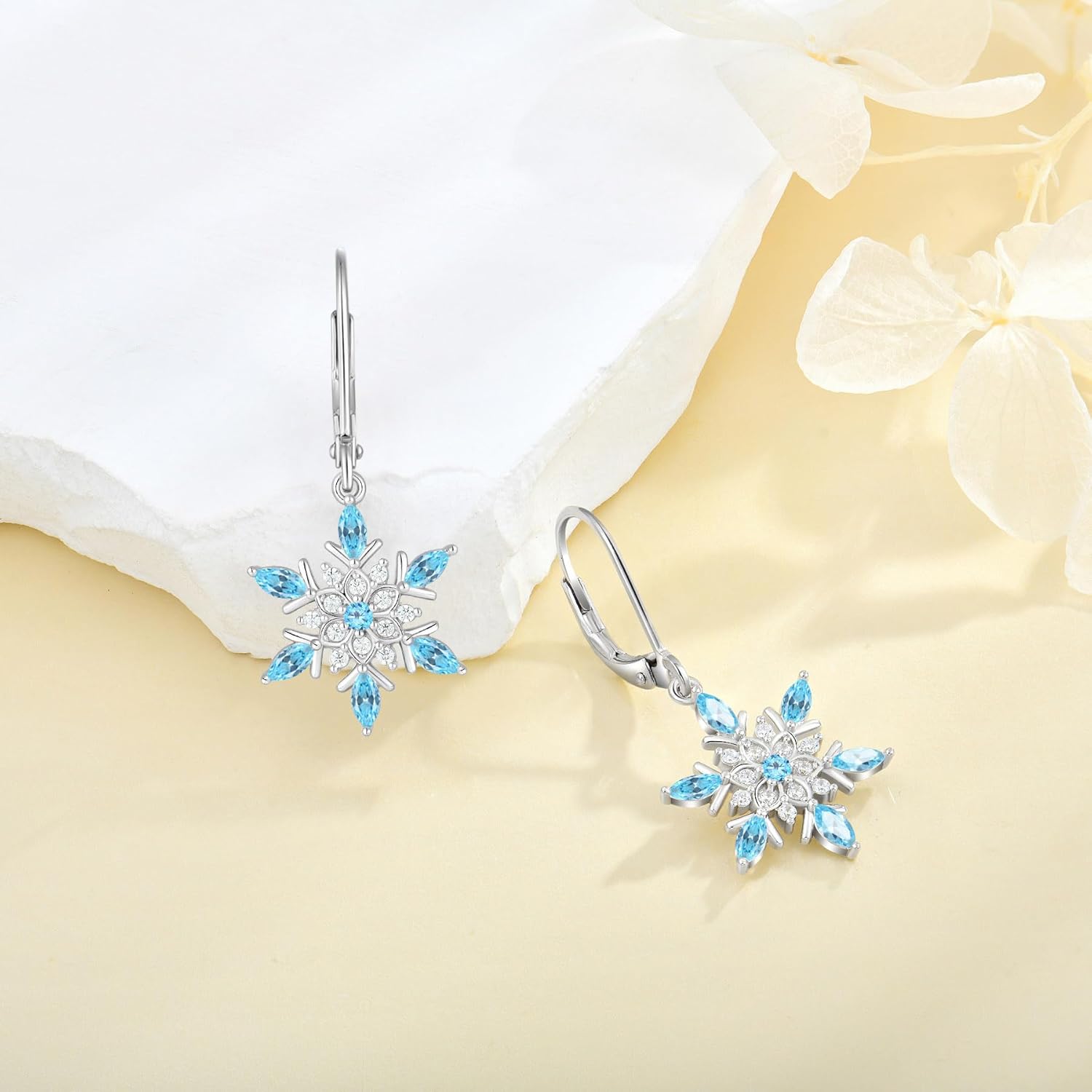 Snowflake Earrings 925 Sterling Silver Dangle Drop Earrings for Women CZ Birthstone Leverback Earrings Hypoallergenic Jewelry for Women - Image 2