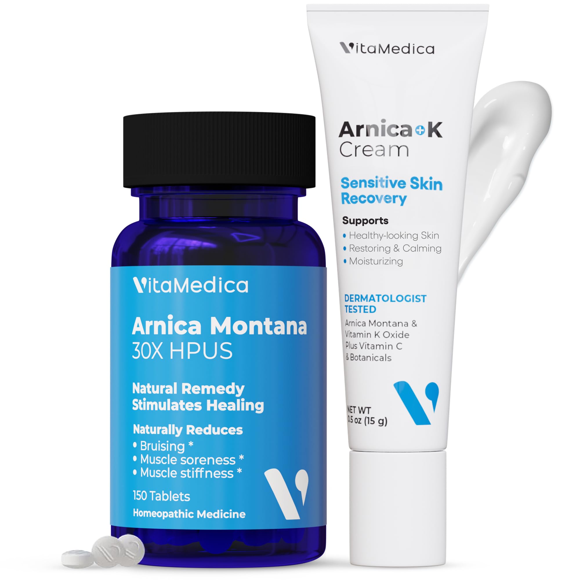 VitaMedica | Arnica Montana 30X & Arnica Cream Bundle | for Bruising, Swelling, Inflammation & Pain Relief | Vitamin K Topical Cream | Softens, Calms, Moisturizes, & Restores Bruised Skin | USA Made