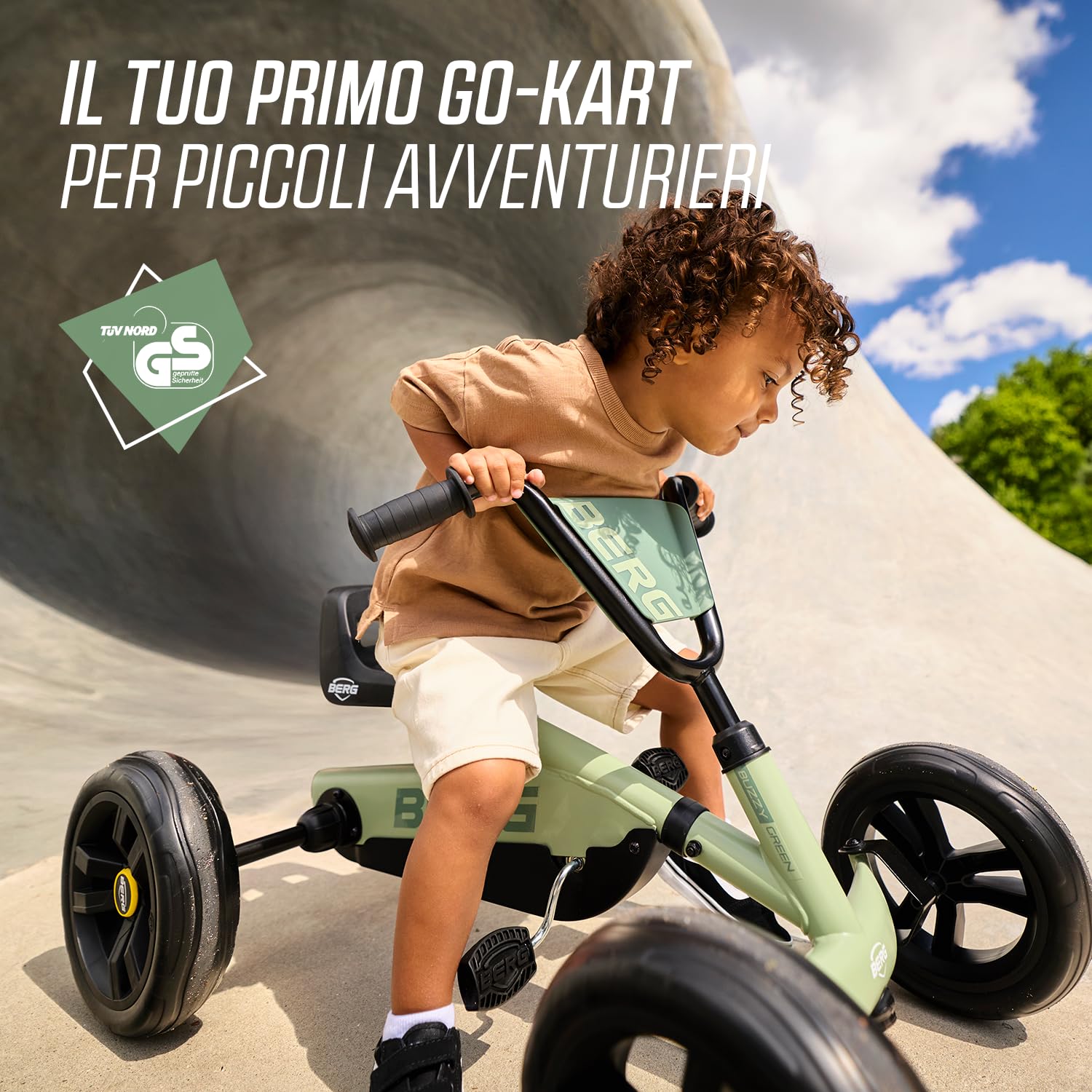 BERG Buzzy Verde Go-Kart a Pedali per Bambini 2-5 Anni | Macchinina Cavalcabile con 4 Ruote Stabili per Bambini | Sedile Regolabile e Certificato Sicurezza