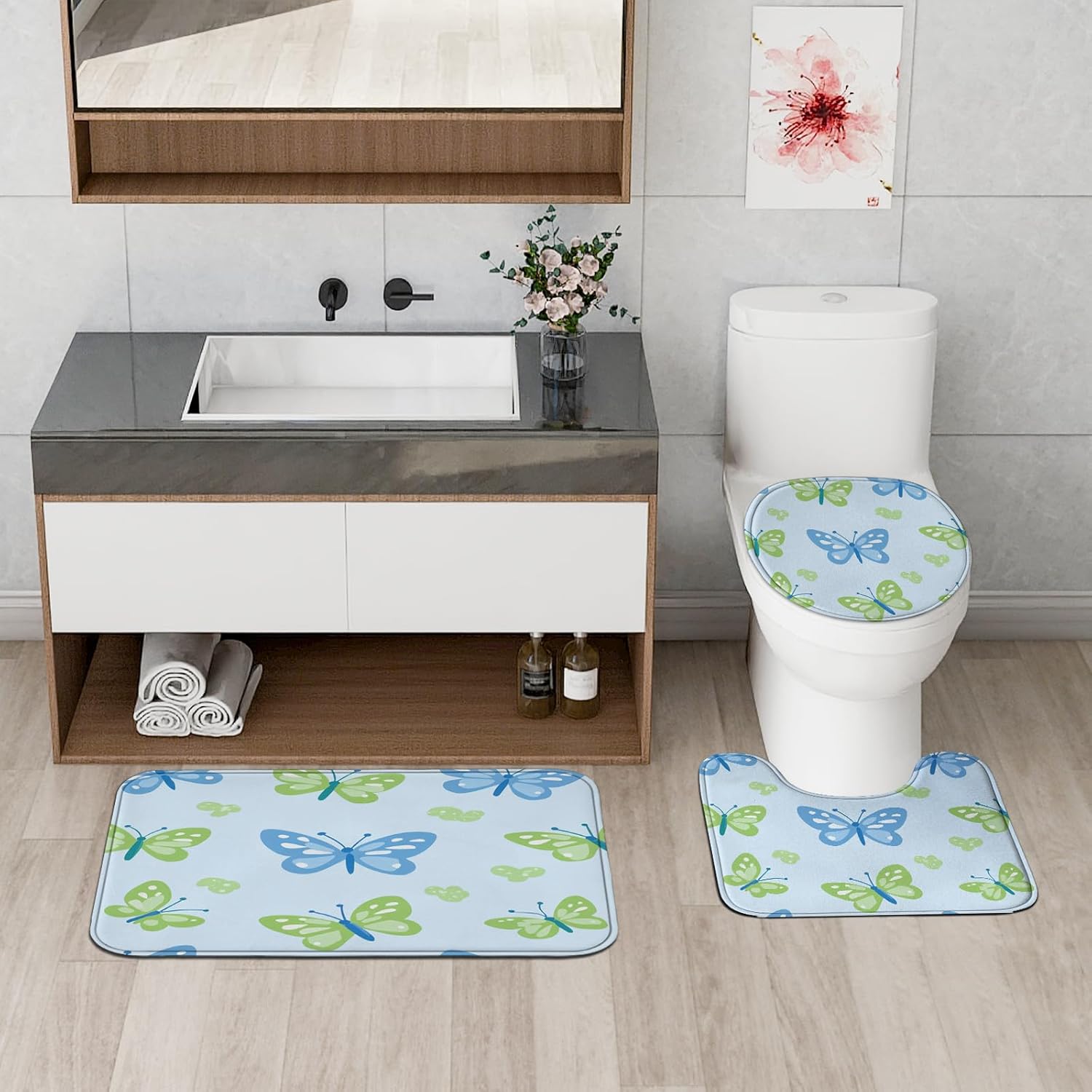4PCS Seamless Blue Butterflies Bathroom Accessory Sets with Non-Slip Rug, U Shape and Toilet Lid Cover Mat, Cute Fun Kids Bathroom Curtain Fabric Decor-72''x72''