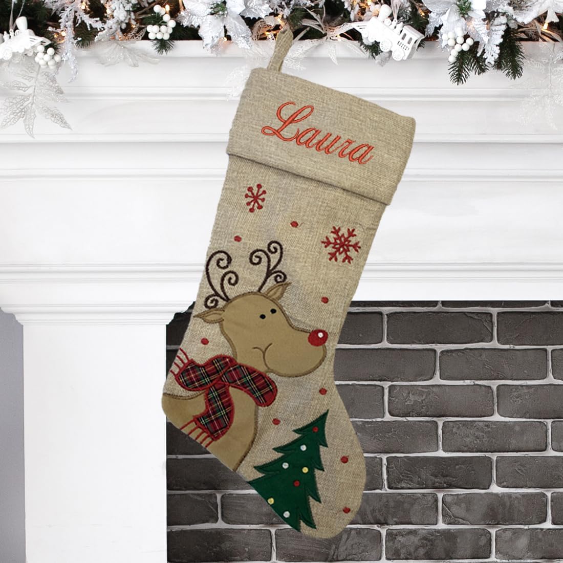 Personalized Christmas Stocking – Reindeer, Santa, Santa Sleigh - Modern Design - Embroidered Name - Large 18.5inch, Beige Color, Family Holiday Season Décor (Reindeer)