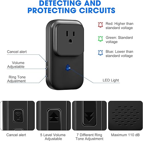 Miniatura 2 de Alarma de falla de energía con indicador LED, alarma de congelador ajustable de 80-110 dB con 7 sirenas, alarma de pérdida de energía con prueba de