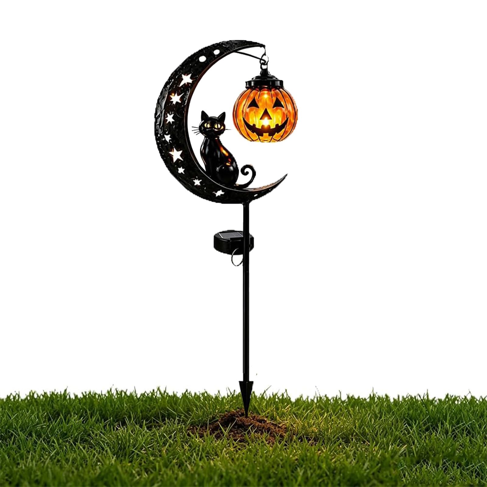 Pealeaf Solar Halloween Black Cat & Pumpkin Moon Garden Stake Light, Outdoor Waterproof LED Yard Decoration with Crescent Moon, Hanging Jack-o'-Lantern Lantern for Garden, Patio, Walkway, Porch (B1)