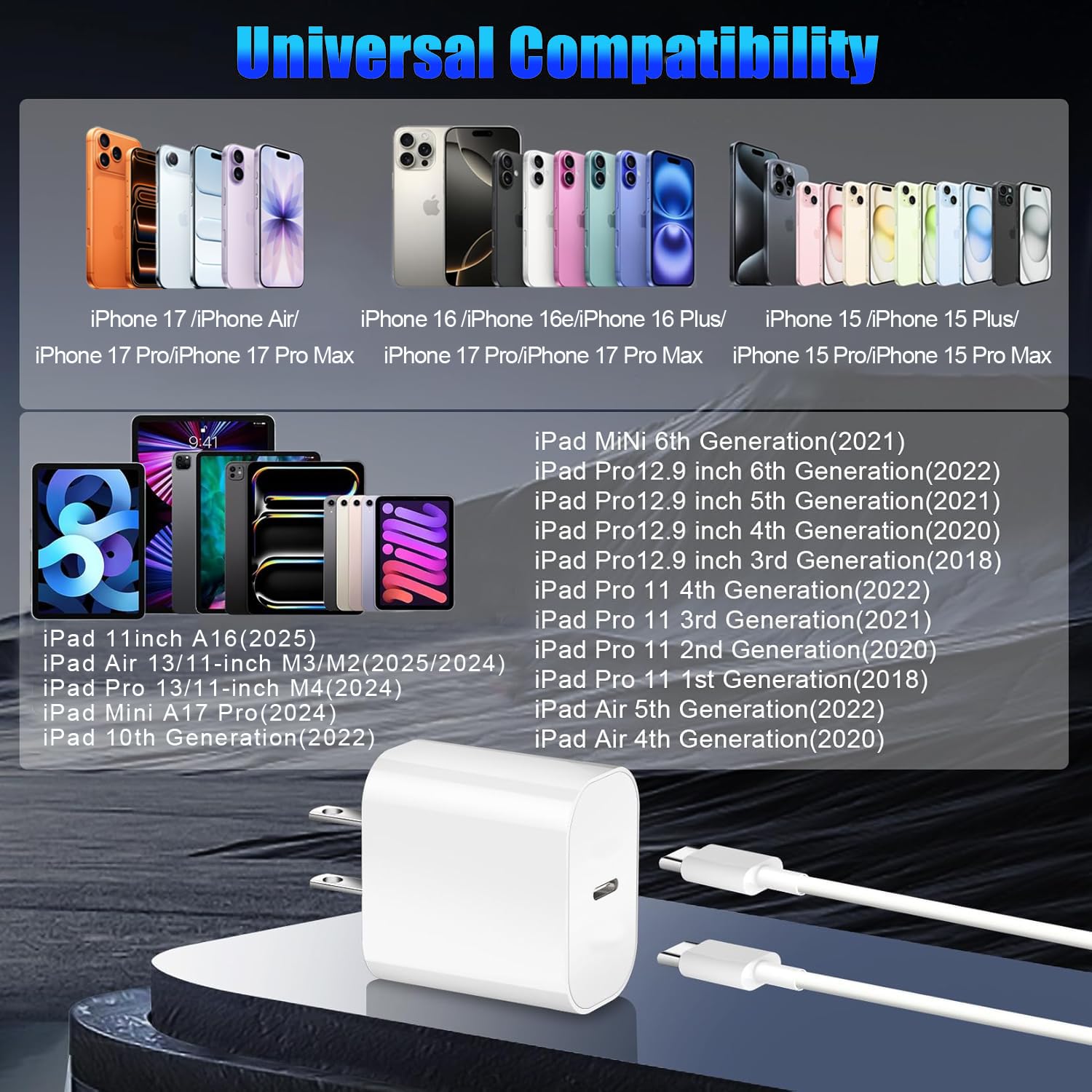 Cargador rápido para iPhone 17, 16, 15, paquete de 2 unidades de 20 W USB C con cable de carga rápida de alta velocidad tipo C de 6 pies para Apple iPhone 17 Pro Max/Pro/Pro/Air, iPhone 16/15 Pro Max