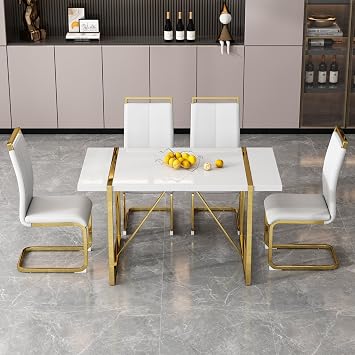 Ebullient Dining Table Set for 4,Rectangular Dining Table and White Faux Leather Dining Chairs, 5 Piece Dining Table Set,Modern Dining Room Table Set with Gold Metal Frame