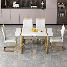 Ebullient Dining Table Set for 4,Rectangular Dining Table and White Faux Leather Dining Chairs, 5 Piece Dining Table Set,Modern Dining Room Table Set with Gold Metal Frame