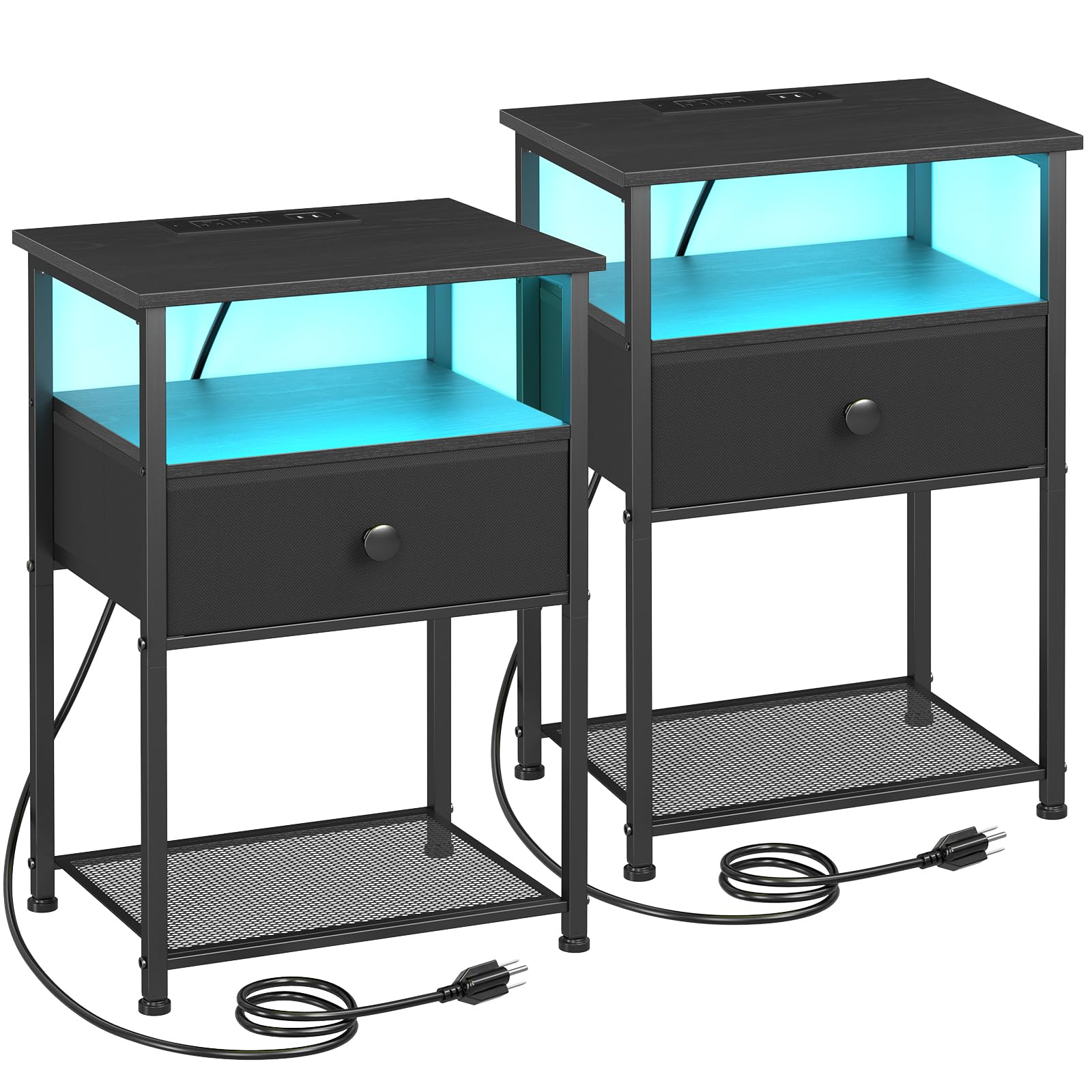 LOAKEKEL Night Stand, LED Nightstands Set of 2 with Charging Station, Small Side Tables with Fabric Drawer for Small Spaces, Skinny Bedside Table with Storage Shelf for Bedroom, Black, HETS01BK