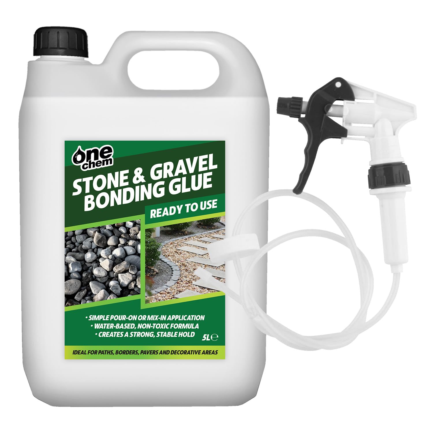 One Chem Stone and Gravel Bonding Glue, 5 Litre with Long Hose Trigger, Water-Based Non-Toxic Formula, Ready to Use, for Paths, Patios and Decorative Areas