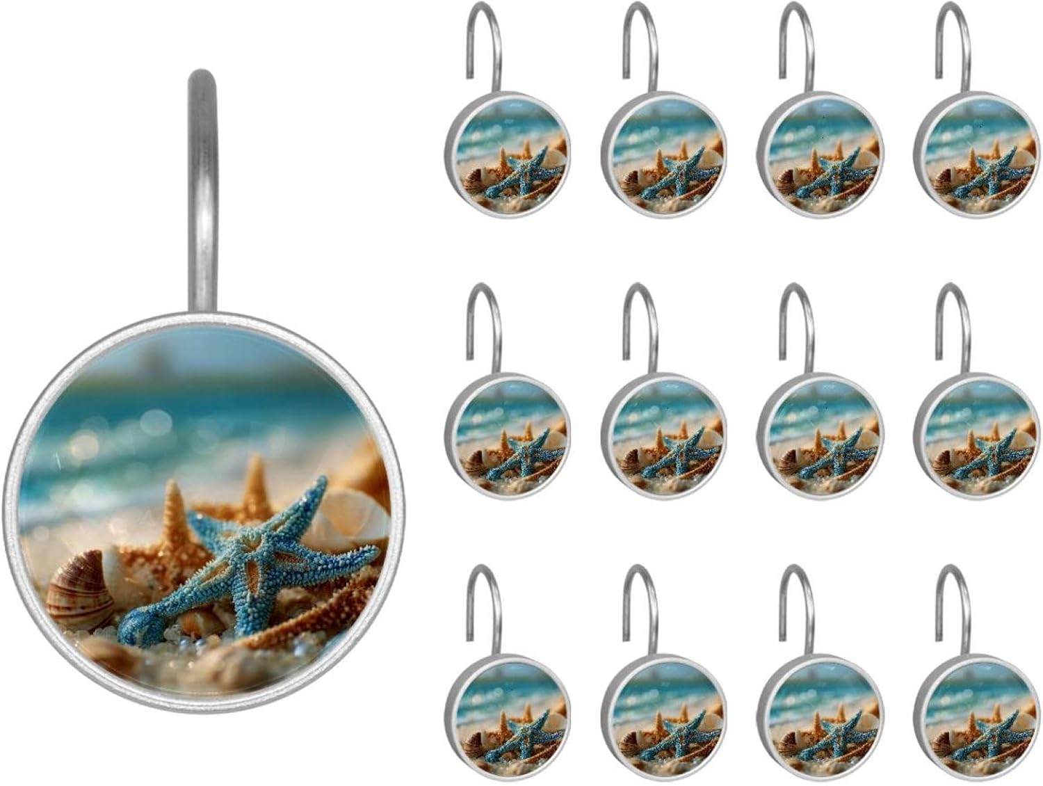 12PCS Ocean Beach Starfish Seashell Blue Skyli (3) Shower Curtain Hooks Metal Rust Resistant Decorative Shower Curtain Hooks Bathroom Decorations