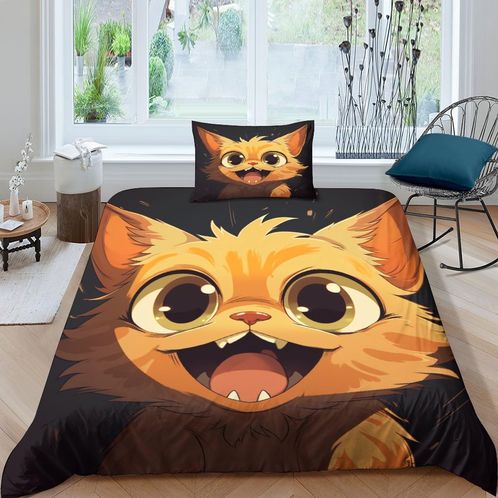 Housse de couette chat 135x200 parure lit imprimé 3d microfibre avec fermeture éclair