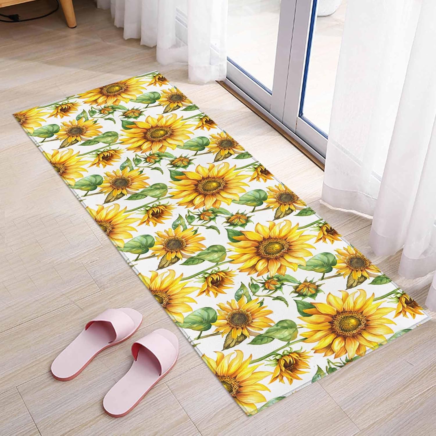 Kitchen Mats for Floor Yellow Sunflower Spring Watercolor Flower Washable Non Slip Kitchen Rugs 1PCS, Summer Green Leaves Absorbent Standing Mats for Sink Bathroom Office Living Room 15.7x47.2in