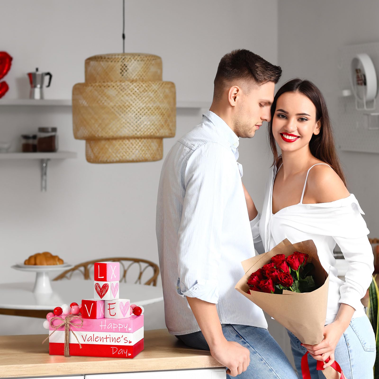 Burbell 8 Pcs Valentines Day Tiered Tray Decor Set - Rustic Fake Wooden Book Love Decorations for Farmhouse Table Mantle
