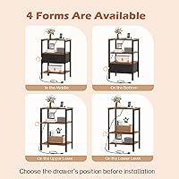 Vista 5 de SUPERJARE - Juego de 2 mesitas de noche con base de carga, cajón de tela ajustable, mesita de noche para dormitorio, de 3 niveles, para sala