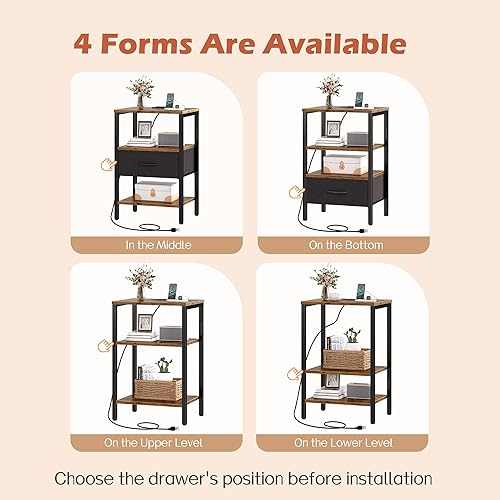 Miniatura 5 de SUPERJARE - Juego de 2 mesitas de noche con base de carga, cajón de tela ajustable, mesita de noche para dormitorio, de 3 niveles, para sala de café