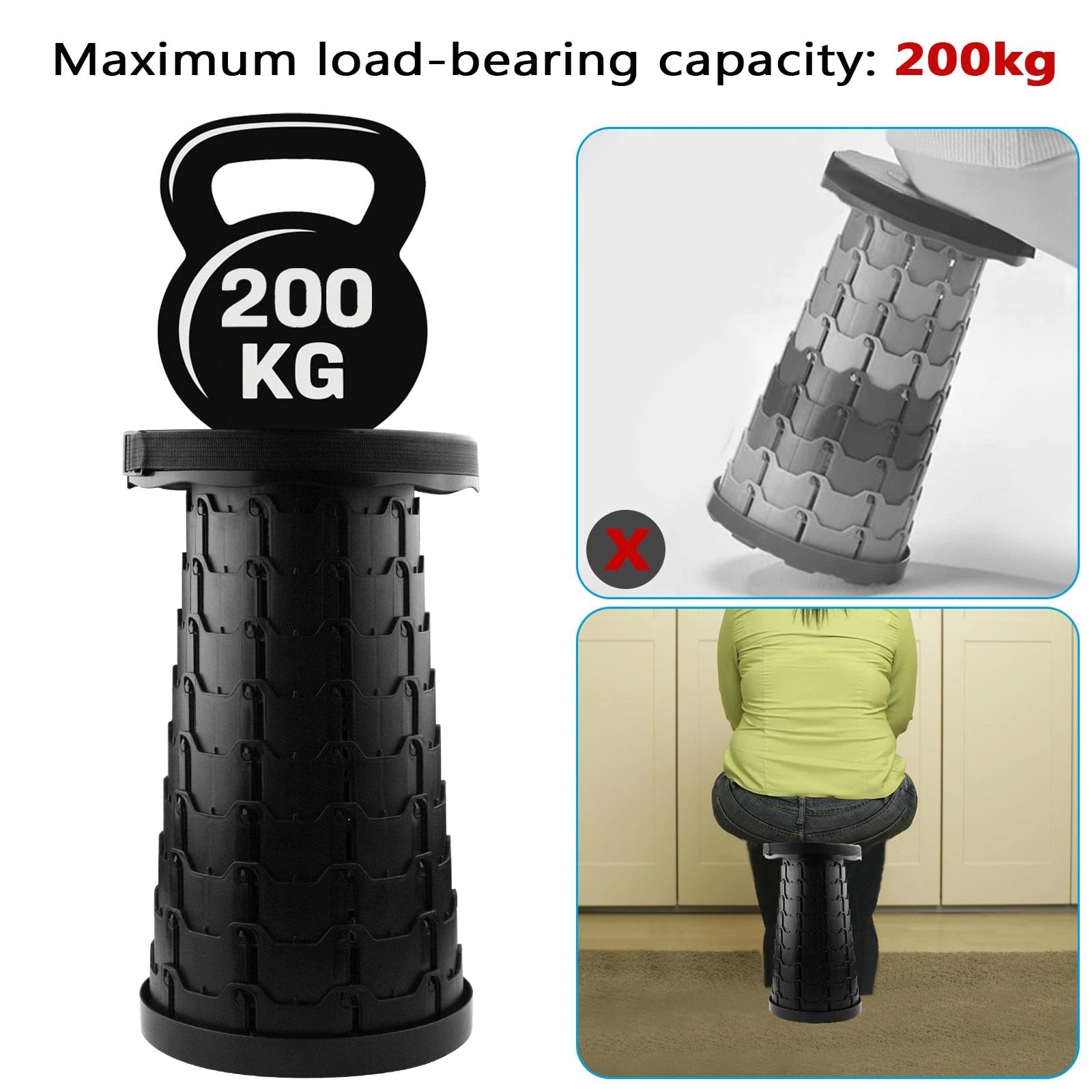Składane krzesełko, przenośne składane krzesełko, składane krzesełko kempingowe, z paskiem na ramię, regulowana wysokość, nośność do 200 kg, odpowiednie do kempingu, wędrówek, imprez