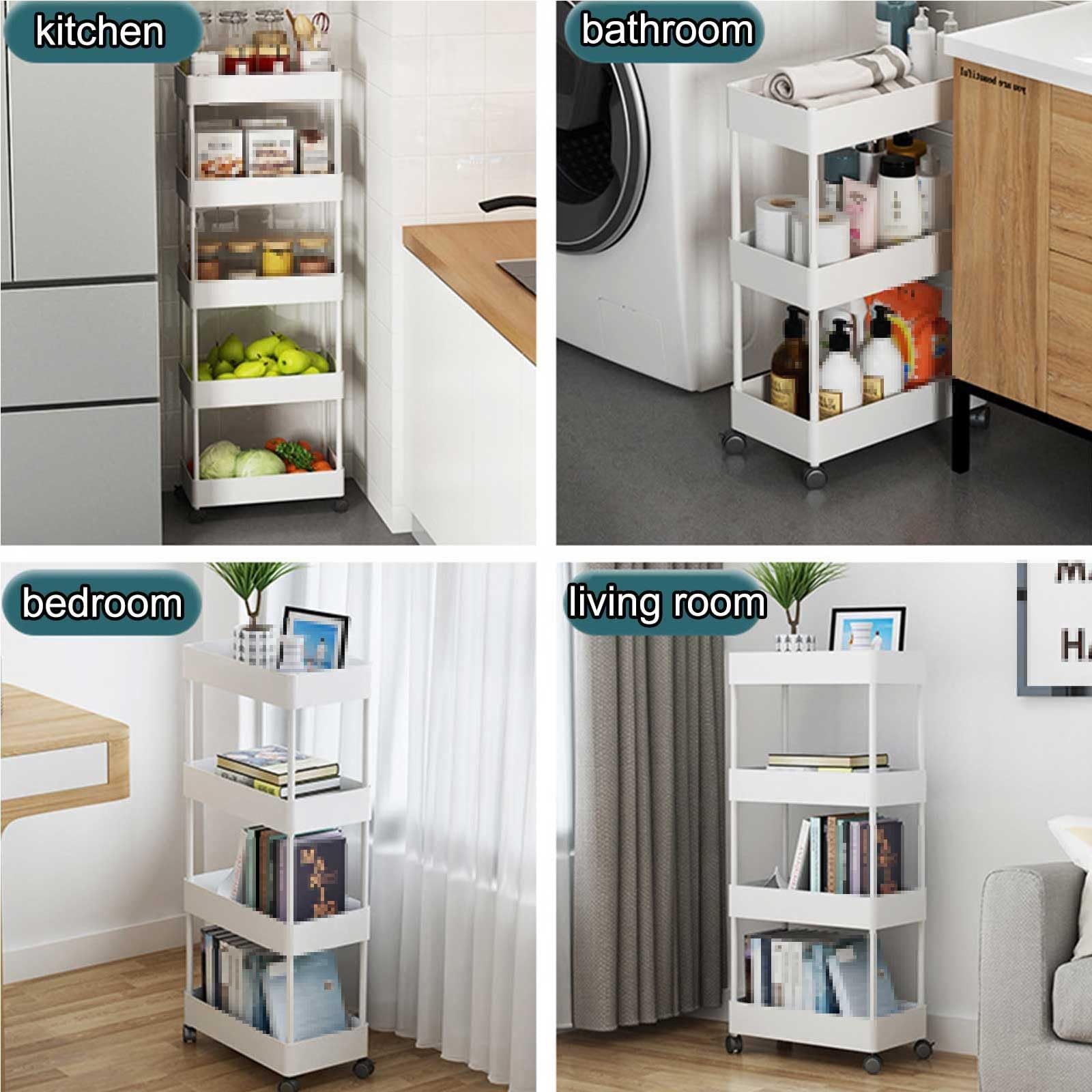 Carrito de baño rodante, 3/4/5 niveles ABS nizer con diseño de drenaje hueco, carrito multiusos para cocina y baño, negro (27 cm)