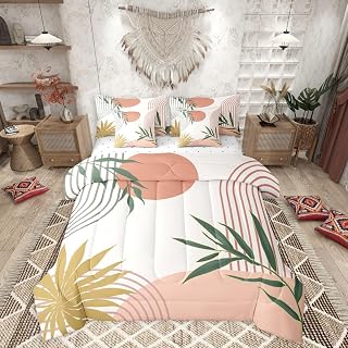 Geometric Leaves 7 Pcs Comforter Set Queen,Abstract Modern Art Bed in a Bag,Mid Century Pink Green Bed Set Includes Comforter,Sheet Set,Pillowcases & Pillow Covers,Minimalist Aesthetic Bedroom Decor