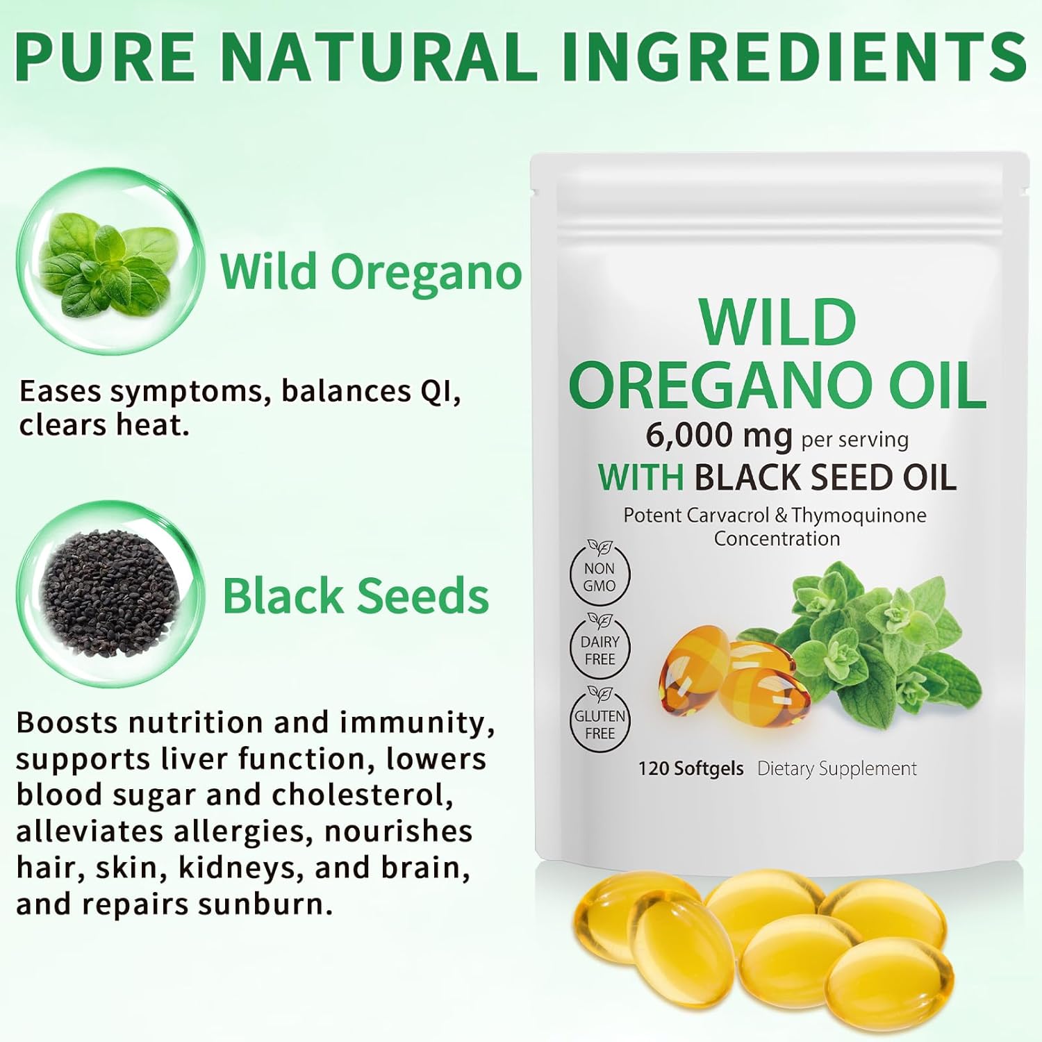 2 Pack Oil of Oregano with Black Seed Oil Softgels, 2 in 1 Formulated Oil of Oregano Capsules Organic, Oregano Oil Herbal Supplement for Immune Support & Antioxidant