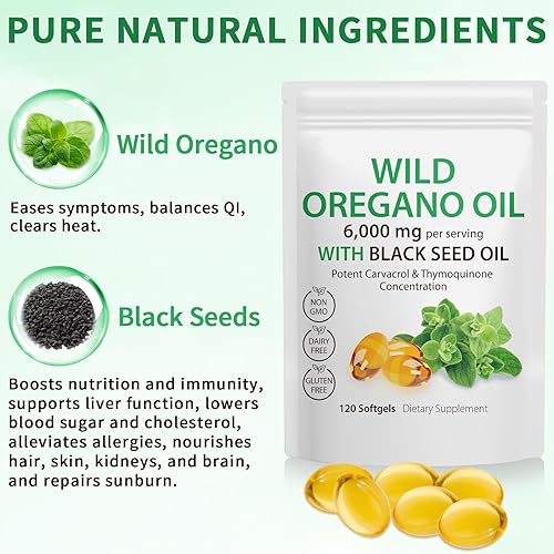 Miniatura 2 de Aceite de orégano con cápsulas blandas de aceite de semilla negra, 2 en 1 6000 mg de aceite de orégano cápsulas orgánicas, suplemento de hierbas de