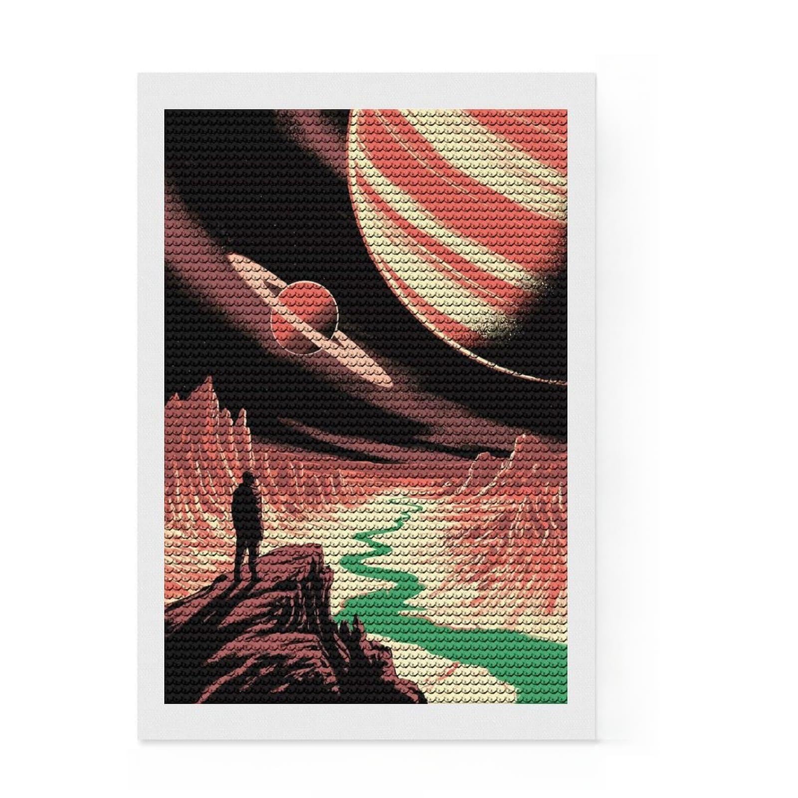 Junmoney Man on Alien Planet with Planets Diamond Painting Kit 8"x12", Complete Accessories, Sparkling Round Gems, Full Kit Included, Modern Decor