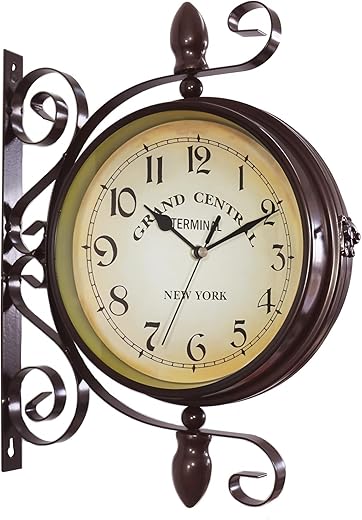 European Vintage Style Double-Sided Clock with Metal Frame - 360° Rotatable, Silent Mechanism - Ideal for Living Room, Restaurants, Cafes, Bars - Battery Operated Vintage Wall Clock