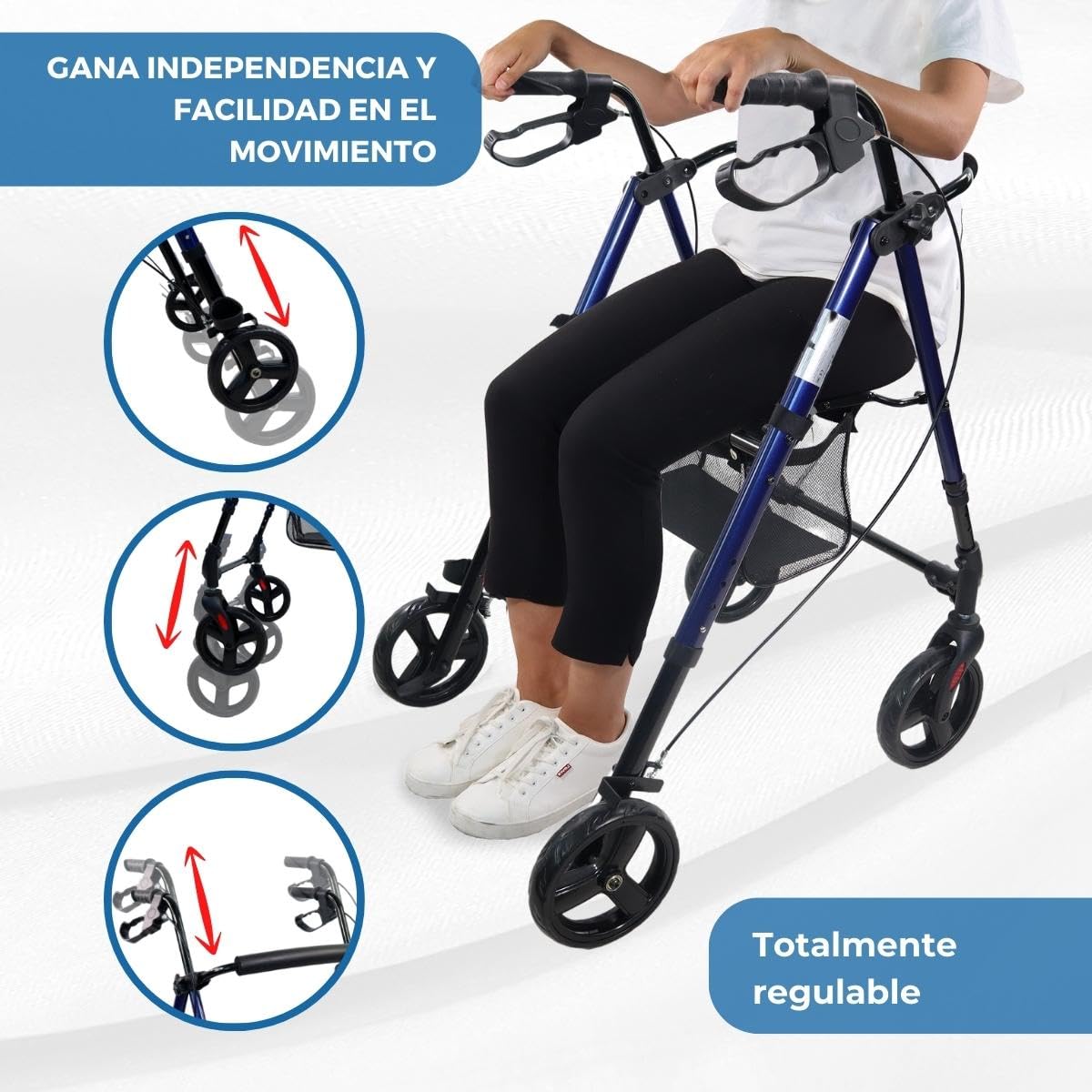 Mobiclinic®, Andador para adultos, Plegable, Ligero, De aluminio, Regulable patas y asiento, Con 4 ruedas, Marca española, Sujeta bastones, Cesta, Augusto, Azul