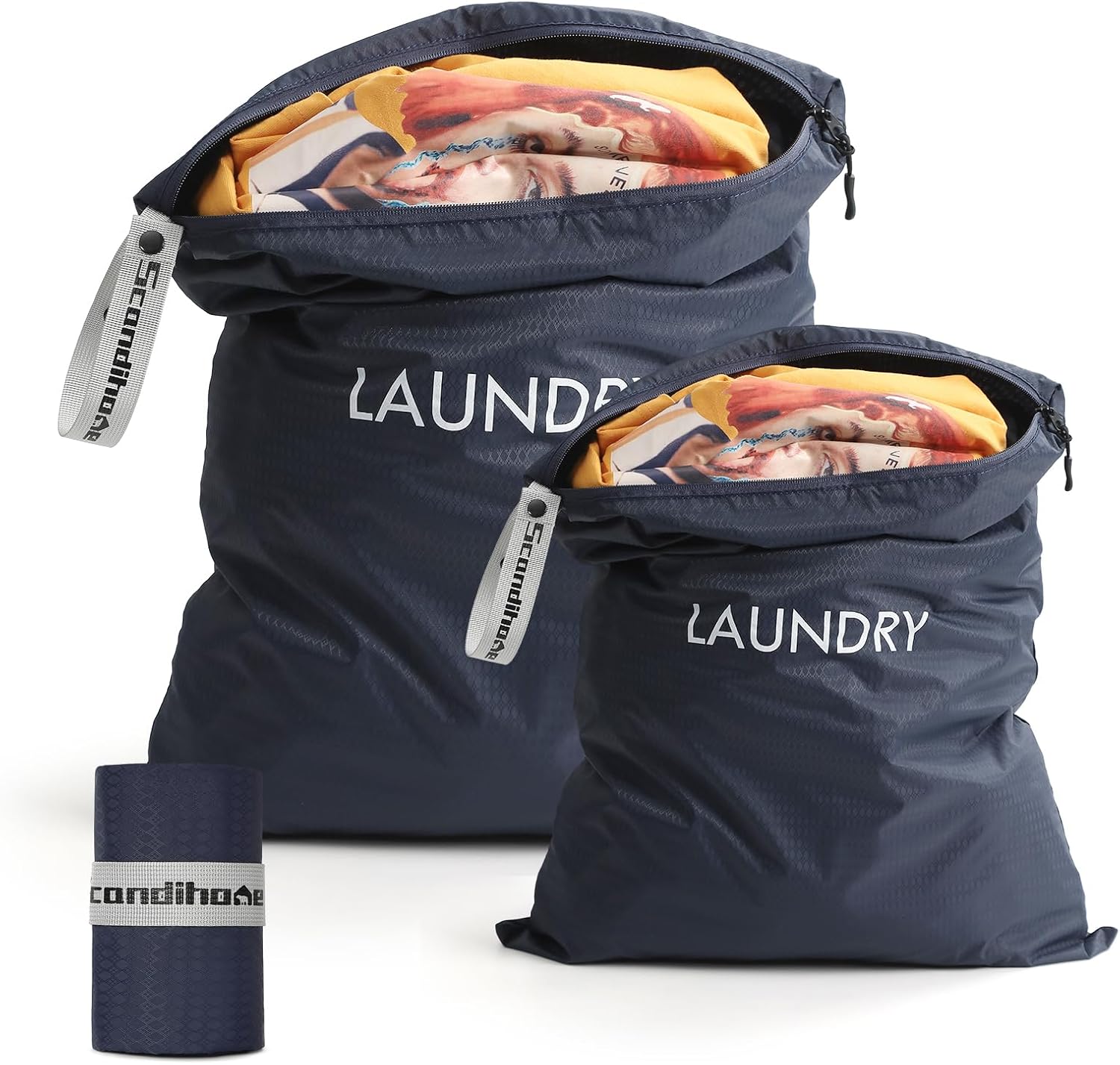 Travel Laundry Bag (2 Pcs - Large + Small) - Foldable Waterproof Washable Wet Dry Bag for Gym, Swimming, Yoga, and Workout Perfect for Dirty Clothes, Bathing Suits, Travel Accessories - Navy Blue