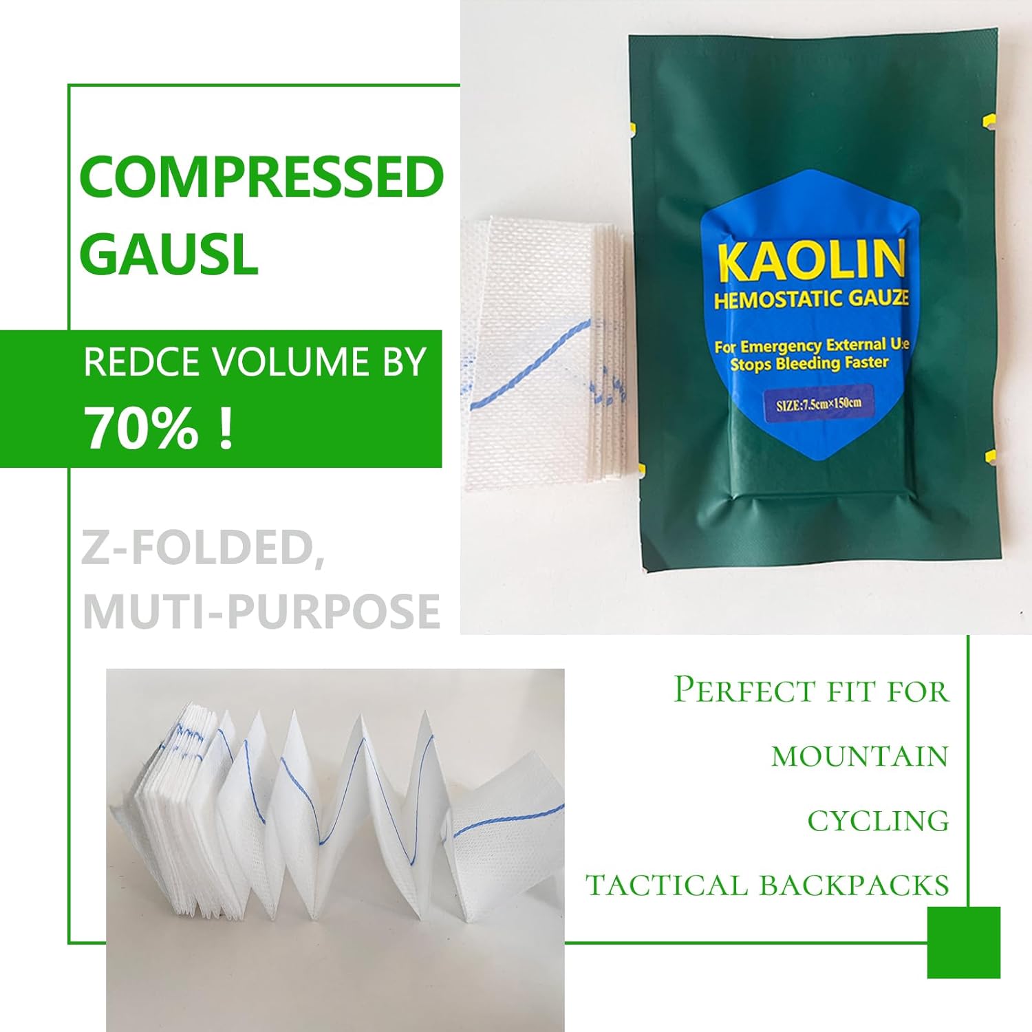 Hemostatic Gauze for Quick Clot Trauma Kit – 3" x 5' Kaolin Infused Quick Clot Gauze & Bleed Stop Dressing, Sterile Z-Fold Wound Packing for Emergency First Aid, Tactical IFAK & Survival Gear (3)