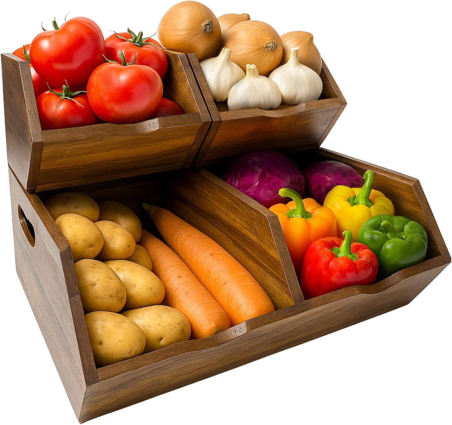 Acacia Wooden Potato and Onion Storage Bin, Stackable Wood Pantry Storage Bin for Kitchen, Vegetable, Fruit, and Bread Organizer, Wooden Storage Basket with Anti-slip Mat