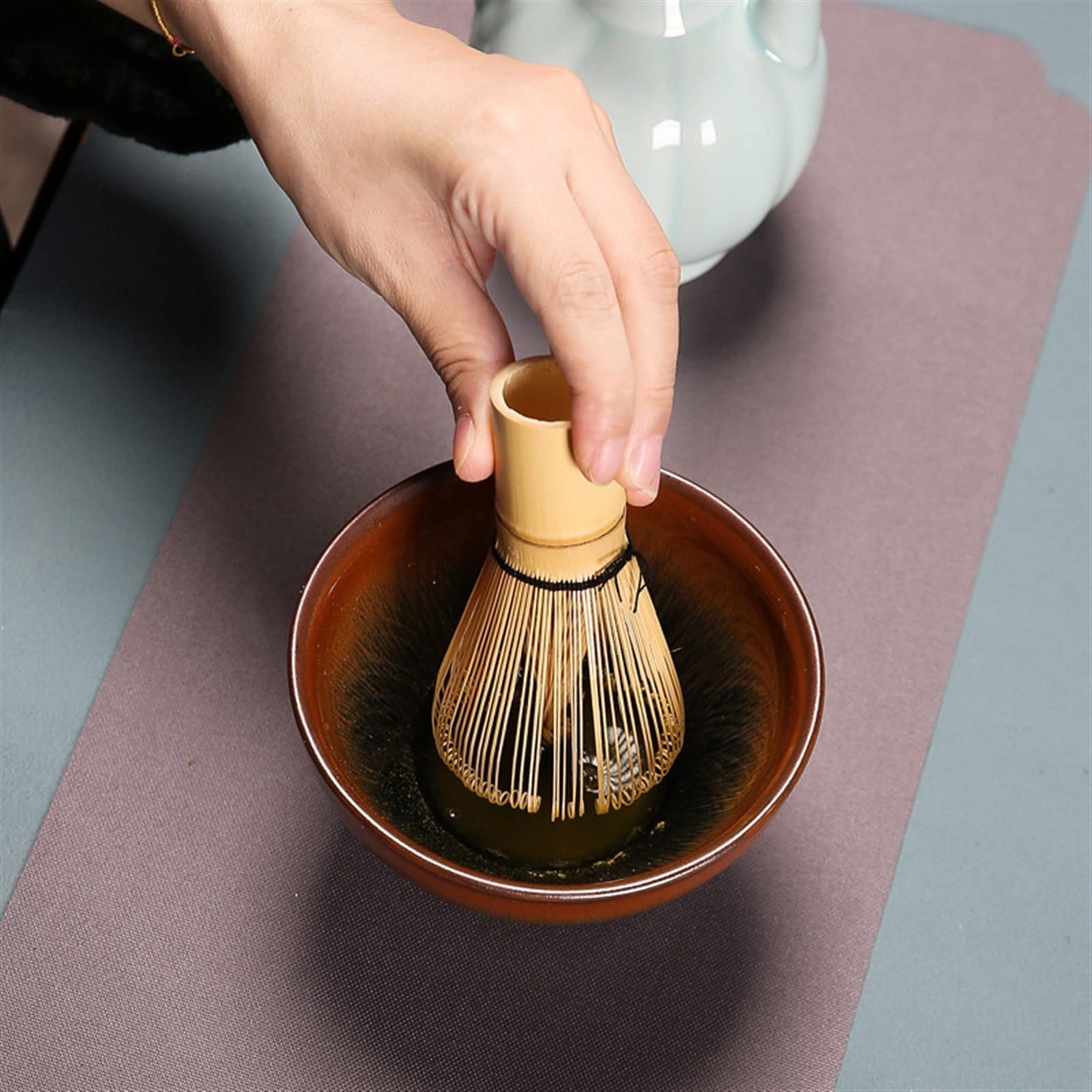 Dinastía Song Kit para Matcha Juego de 7 Piezas Cerámica Tetera de Mano Cuenco con Té en Polvo Tradicional Batidor Te Matcha Bambú Caja de Regalo para Ancianos(D-model)