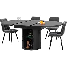 ZYLOYAL10 Dining Room Table Extendable Dining Table Kitchen Table Balcony Table Extendable Table Top Round Dining Table Extendable to Oval 118-158 cm Space for up to 6 People Black