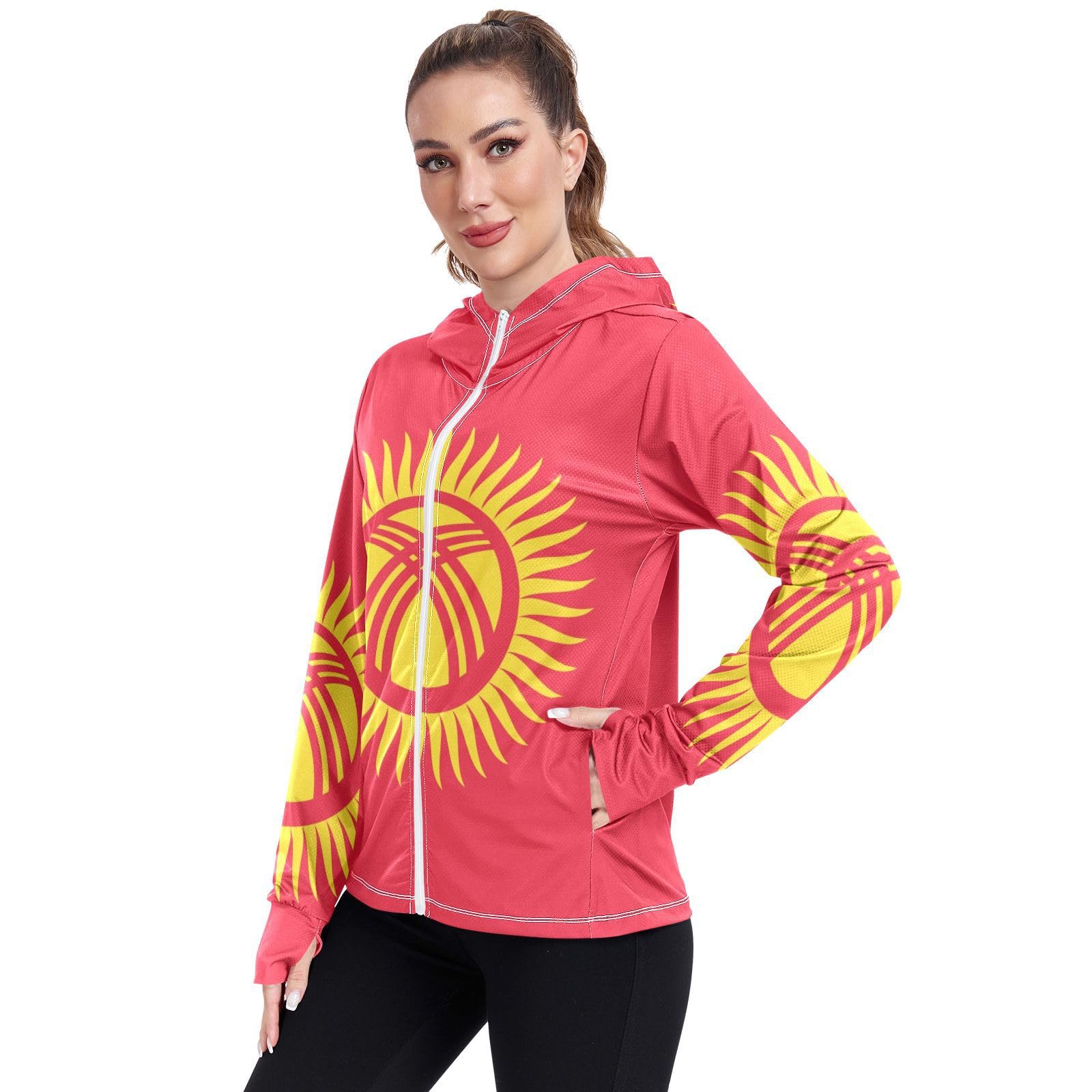 Vnurnrn Kyrgyzstan Flag Womens UPF 50+ Sun Protection Hoodie Jacket Lightweight Long Sleeve Sun Shirt with Pocket