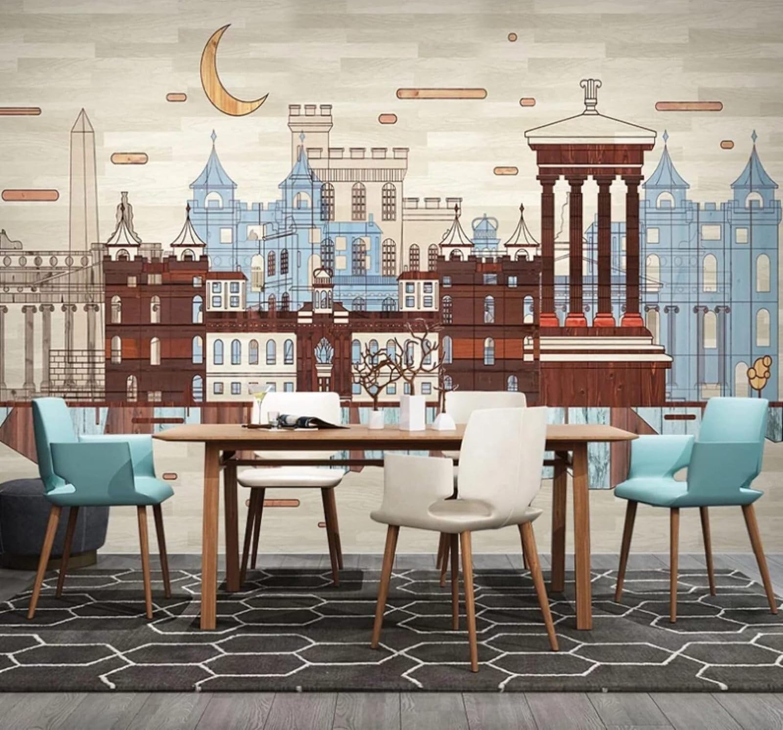 XLMING Hand Drawn City Architecture Vintage Wood Grain Unique 3D Wallpaper Luxury Home Dining Decor Paste Sofa Living Room The Wall for Bedroom Mural-350cm×256cm