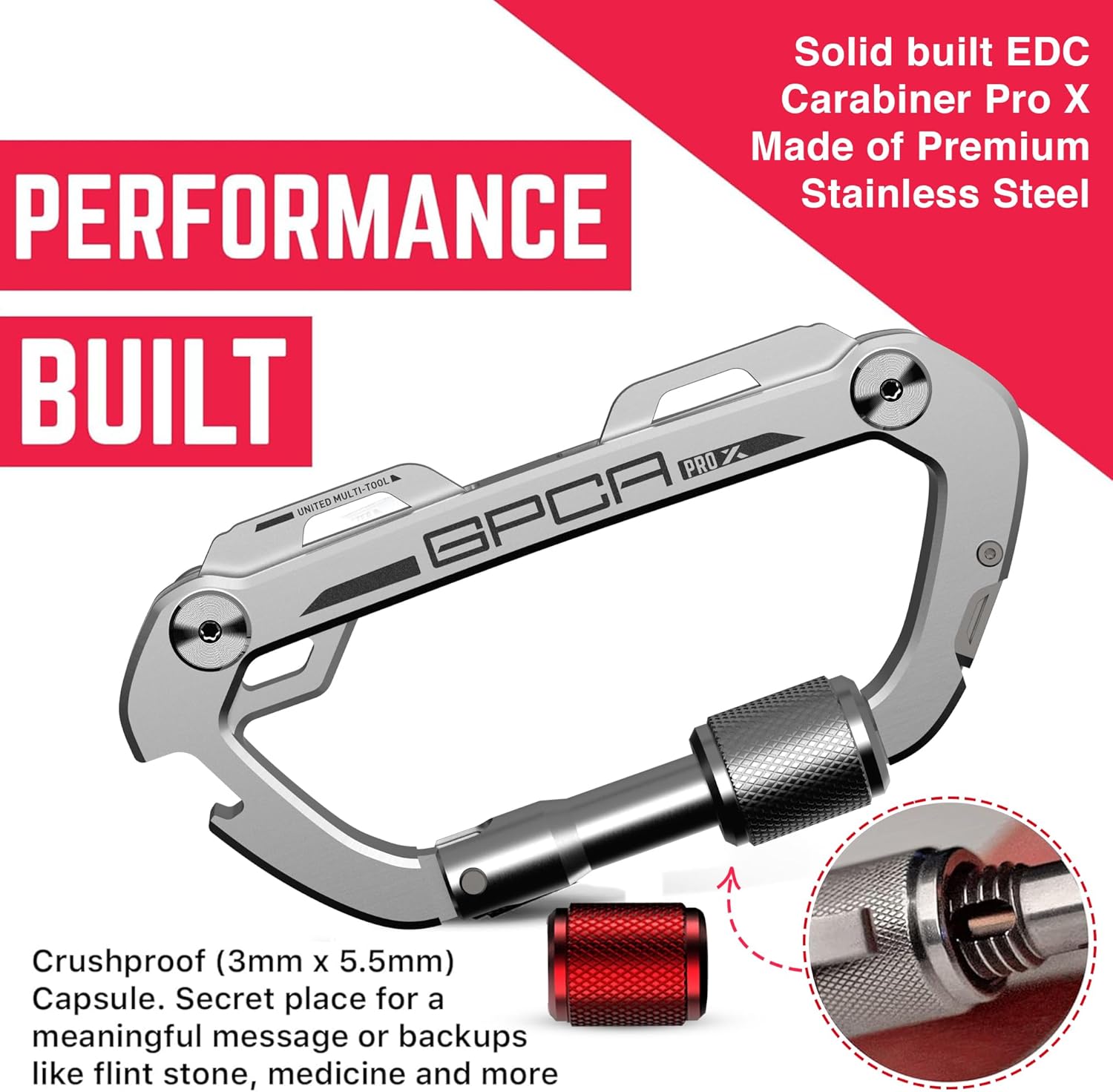 GPCA Carabiner Multitool - Carabiner Heavy Duty Key Clip for Keys, Bottle Opener, Screwdriver, Box Cutter, Ruler, Keychain Clip, Keychain Organizer, EDC Gear for Camping & Hiking - Gifts for Men