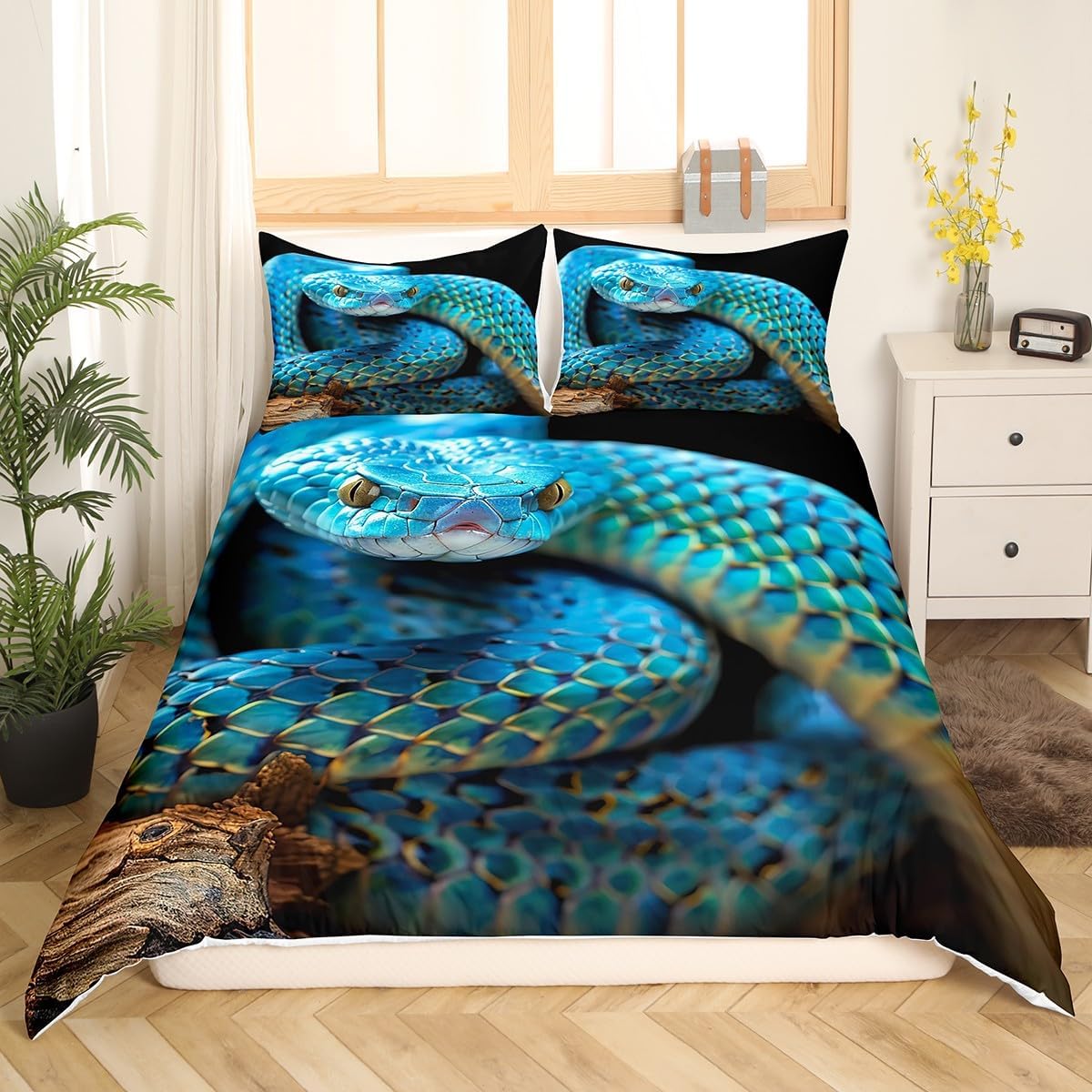 Blue Snake Bedding Set Twin Size for Kids Boys Bedroom,3D Reptile Bed Duvet Cover Set,Snake Skin Printed Comforter Cover Palm Leaf Decor 2 Pieces 1 Duvet Cover with 1 Pillowcase No Comforter