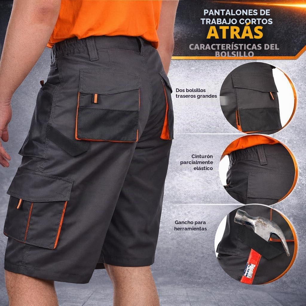 BWOLF Atlas – Pantalones Cortos de Trabajo para Hombre con Bolsillos Múltiples | Tejido Reforzado 600D | Gris/Naranja