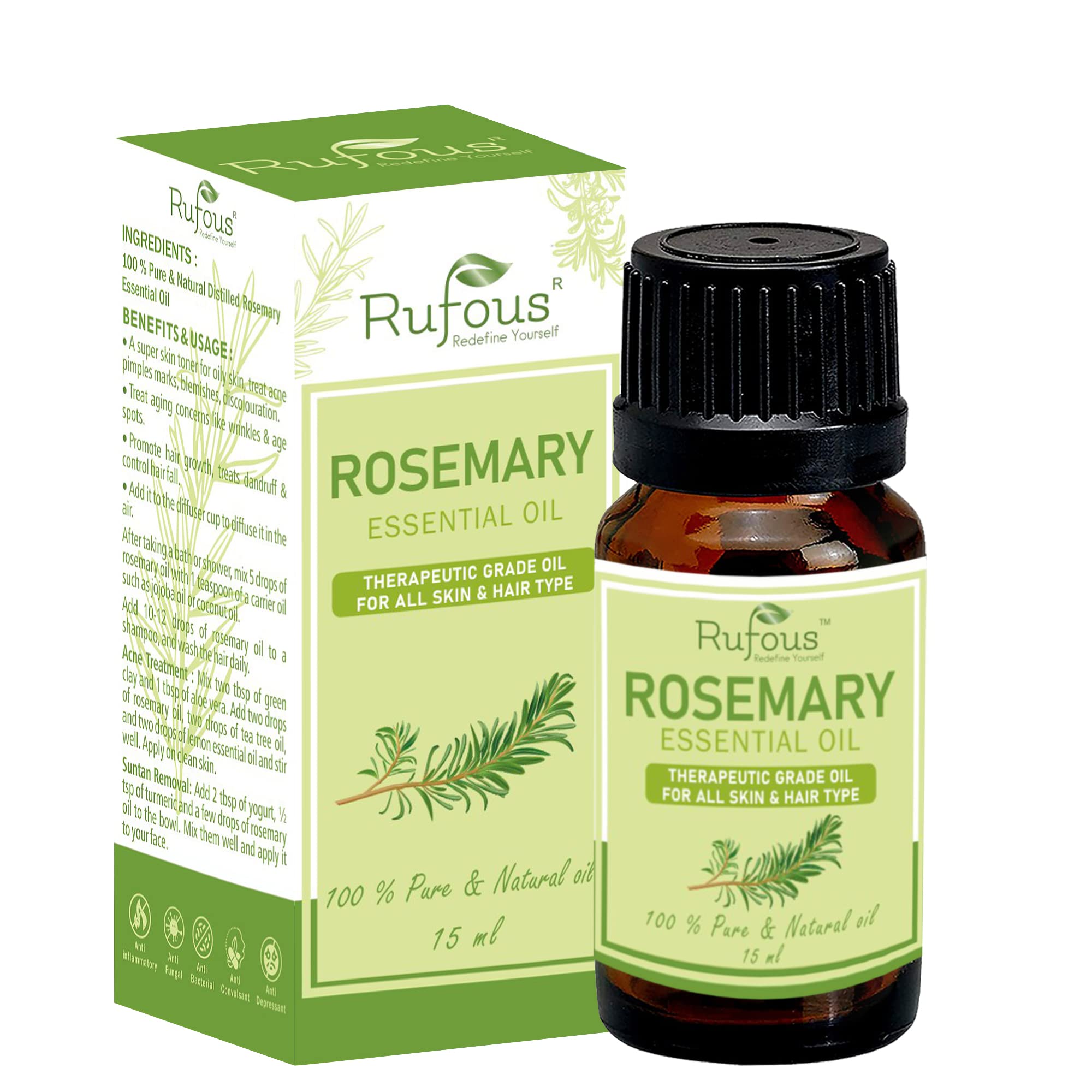 Rufous Rosemary Oil for Hair Growth - 100% Pure & Natural Rosemary Essential Oil For Hair, Skin and Body - 15ml