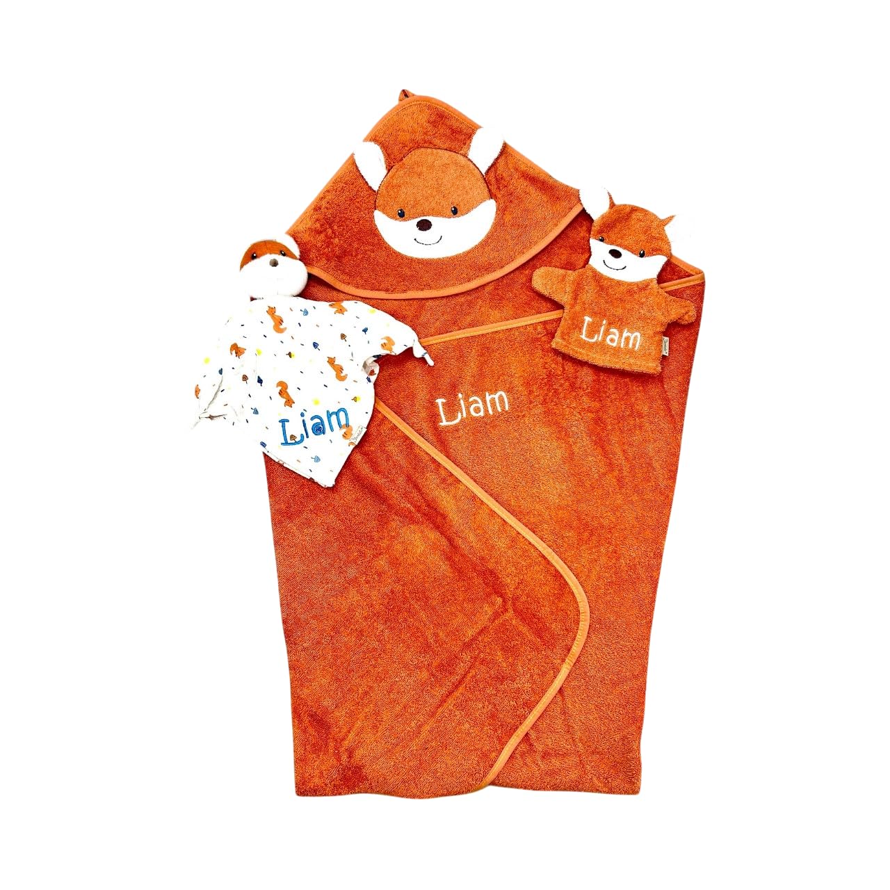 Generisch Geschenkset Fuchs Filou, Kapuzenhandtuch 100x100cm, Spiel-Waschhandschuh und Schmusetuch - mit Name aufgestickt, rostrot