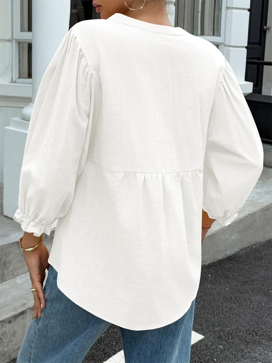 Tankaneo Womens Puff Sleeve Babydoll Tops V Neck Button Down Blouse Cute Casual Loose Fit Flowy Shirts - Image 5