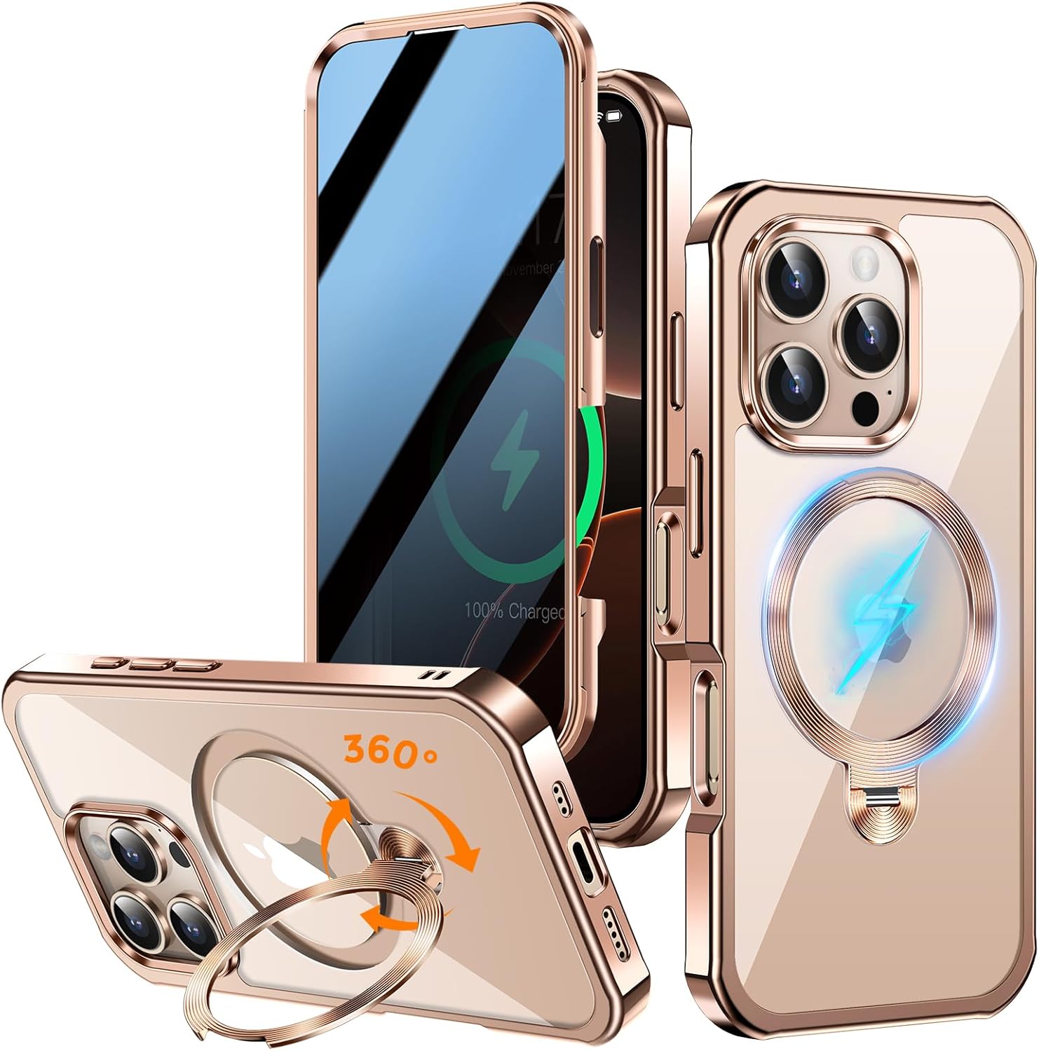 [360° Rotatable CD Stand & Built-in Privacy Screen Magnetic Case for iPhone 16 Pro Max [Compatible with MagSafe & Full Signal] Shockproof Full Body Anti-Spy Cover for 16 Pro Max-Desert Gold For iPhone 16 Pro Max Desert Gold