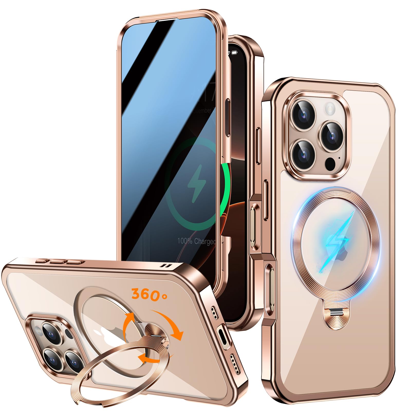 Upholyee [360° Rotatable CD Stand & Built-in Privacy Screen Magnetic Case for iPhone 16 Pro Max [Compatible with MagSafe & Full Signal] Shockproof Full Body Anti-Spy Cover for 16 Pro Max-Desert Gold